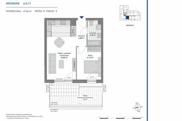 Rzut - Mieszkanie na sprzedaż 2 pokoje o powierzchni 47,08 m² - numer A.0.11 w Linea bud. A