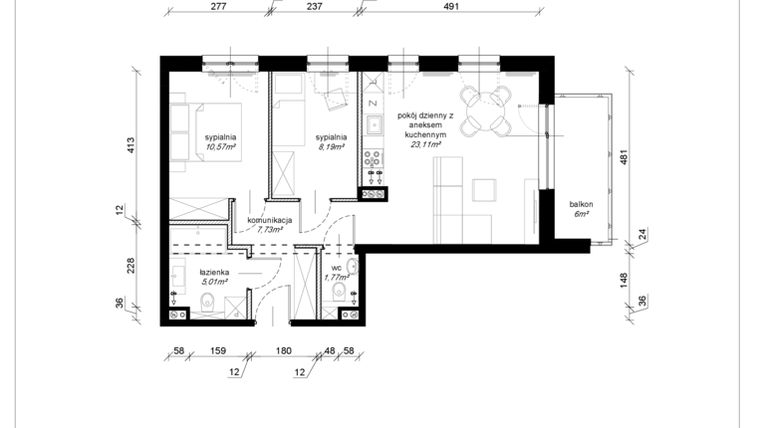Rzut - Mieszkanie na sprzedaż 3 pokoje o powierzchni 56,35 m² - numer E.1.11.3a w Art.Teo etap 3