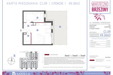 Rzut - Mieszkanie na sprzedaż 2 pokoje o powierzchni 49,36 m² - numer C1.09 w Miasteczko Brzeziny II