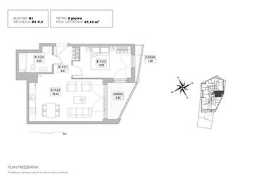 Rzut - Mieszkanie na sprzedaż 2 pokoje o powierzchni 47,14 m² - numer B1.9.2 w Alvarium 2.0