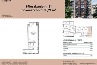 Rzut - Mieszkanie na sprzedaż 1 pokój o powierzchni 36,21 m² - numer M21 w Plac Słowiański 9