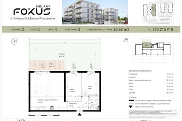 Rzut - Mieszkanie na sprzedaż 3 pokoje o powierzchni 63,88 m² - numer B2-5 w Fokus Bielany