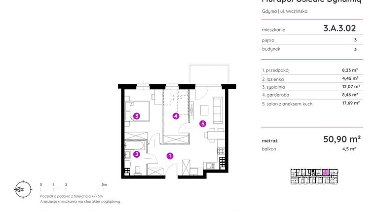 Rzut - Mieszkanie na sprzedaż 2 pokoje o powierzchni 50,9 m² - numer 3.A.3.02 w Murapol Osiedle Dynamiq