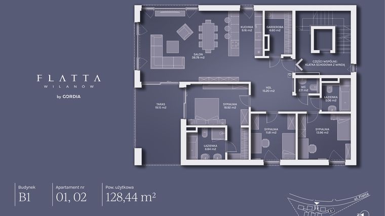 Rzut - Mieszkanie na sprzedaż 4 pokoje o powierzchni 128,44 m² - numer B1.01 w Flatta Wilanów