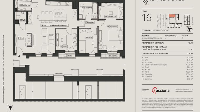 Rzut - Mieszkanie na sprzedaż 4 pokoje o powierzchni 116,79 m² - numer 28.16 w Kamienna 28