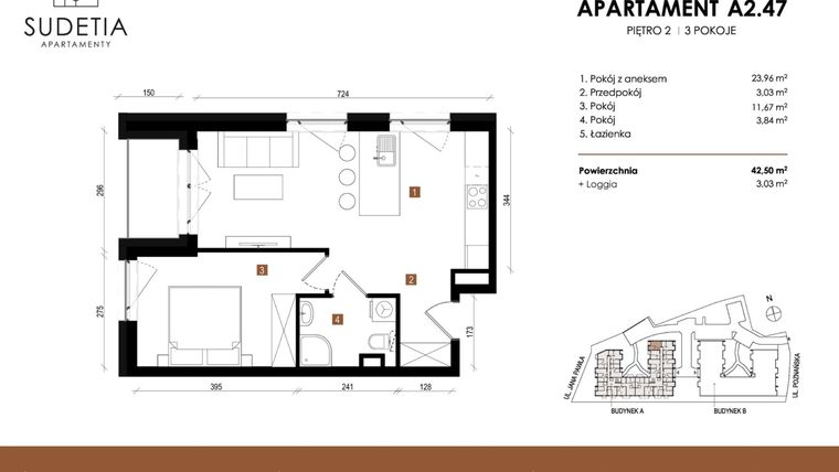 Rzut - Mieszkanie na sprzedaż 2 pokoje o powierzchni 42,5 m² - numer A 2.47 w Apartamenty Sudetia