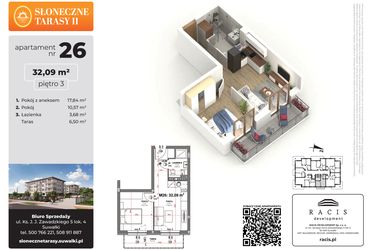 Rzut - Mieszkanie na sprzedaż 2 pokoje o powierzchni 32,09 m² - numer 26 w Słoneczne Tarasy II