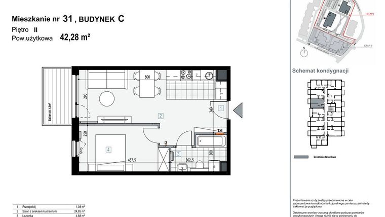 Rzut - Mieszkanie na sprzedaż 2 pokoje o powierzchni 42,28 m² - numer C31 w Apartamenty Kopernika