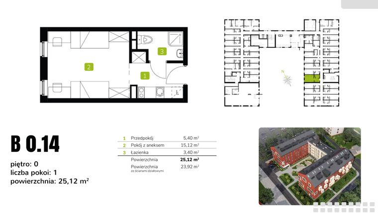 Rzut - Mieszkanie na sprzedaż 1 pokój o powierzchni 25,12 m² - numer B0.14 w Sołtysowicka 21C