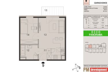 Rzut - Mieszkanie na sprzedaż 2 pokoje o powierzchni 33,33 m² - numer 9C w Ecco Panorama etap II budynki C, D