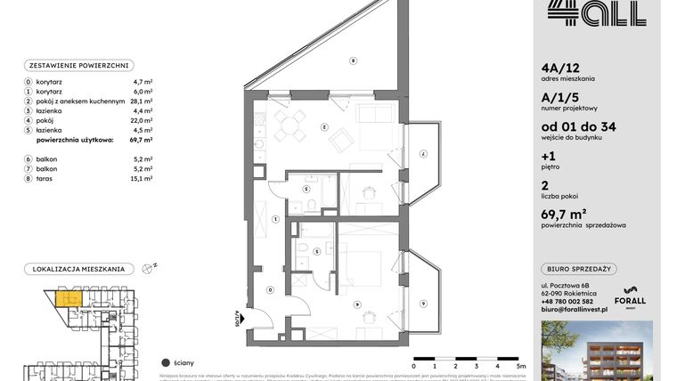 Rzut - Mieszkanie na sprzedaż 2 pokoje o powierzchni 69,6 m² - numer A/1/5 w Osiedle Mateckiego 4ALL
