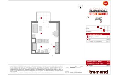 Rzut - Mieszkanie na sprzedaż 1 pokój o powierzchni 26,74 m² - numer F.88 w Dzielnica Mieszkaniowa Metro Zachód - etap 8