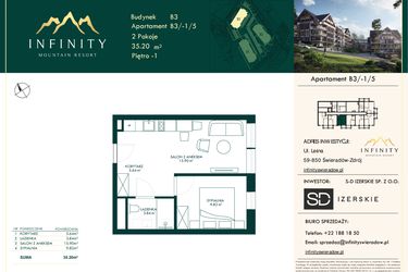 Rzut - Mieszkanie na sprzedaż 2 pokoje o powierzchni 35,2 m² - numer B3.-1.5 w Infinity Mountain Resort