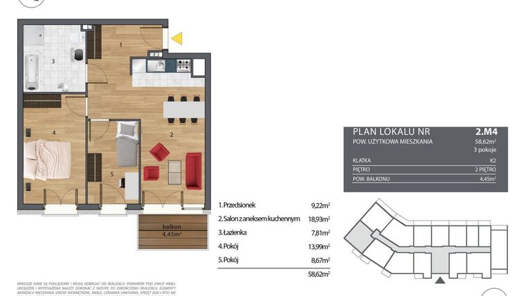 Rzut - Mieszkanie na sprzedaż 3 pokoje o powierzchni 59,13 m² - numer K2.2.M4 w Nyska Residence