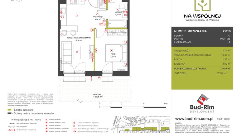 Rzut - Mieszkanie na sprzedaż 2 pokoje o powierzchni 39,09 m² - numer C10 w Na Wspólnej etap 2