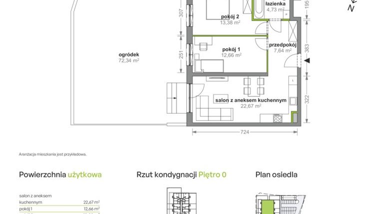 Rzut - Mieszkanie na sprzedaż 3 pokoje o powierzchni 61,08 m² - numer K1/0/13 w Cynamonowa Vita