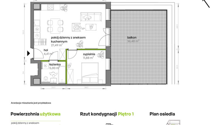 Rzut - Mieszkanie na sprzedaż 2 pokoje o powierzchni 49,24 m² - numer AA0102 w Ptasia Vita