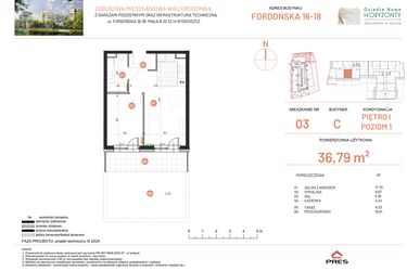 Rzut - Mieszkanie na sprzedaż 2 pokoje o powierzchni 36,79 m² - numer 16.3 w Osiedle Nowe Horyzonty etap II