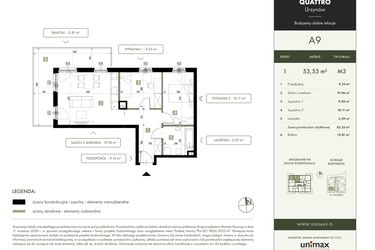 Rzut - Mieszkanie na sprzedaż 3 pokoje o powierzchni 53,53 m² - numer A9 w Quattro Ursynów