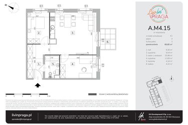 Rzut - Mieszkanie na sprzedaż 3 pokoje o powierzchni 60,85 m² - numer A.M4.15 w Livin' Praga