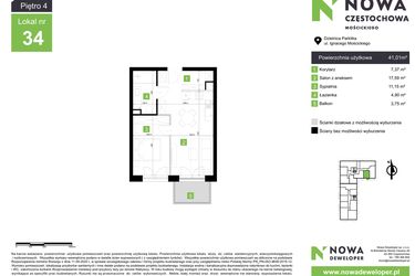 Rzut - Mieszkanie na sprzedaż 2 pokoje o powierzchni 41,01 m² - numer M34 w Nowa Częstochowa Mościckiego