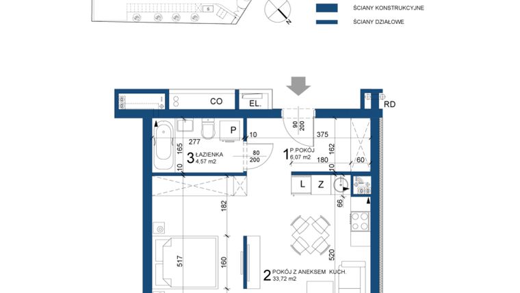 Rzut - Mieszkanie na sprzedaż 1 pokój o powierzchni 44,36 m² - numer 86 w Bursztynowy Dom