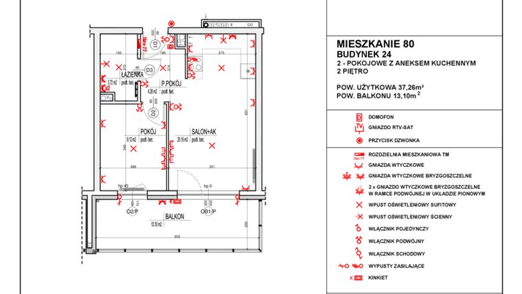 Rzut - Mieszkanie na sprzedaż 2 pokoje o powierzchni 37,26 m² - numer 24_80 w Osiedle 4 Pory Roku - Etap VIII