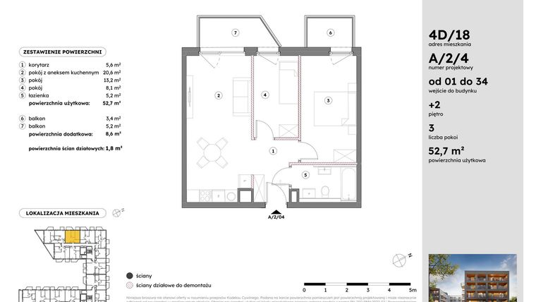 Rzut - Mieszkanie na sprzedaż 3 pokoje o powierzchni 52,71 m² - numer A/2/4 w Osiedle Mateckiego 4ALL