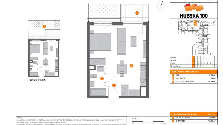 Rzut - Mieszkanie na sprzedaż 1 pokój o powierzchni 34,2 m² - numer B.3 w Hubska 100