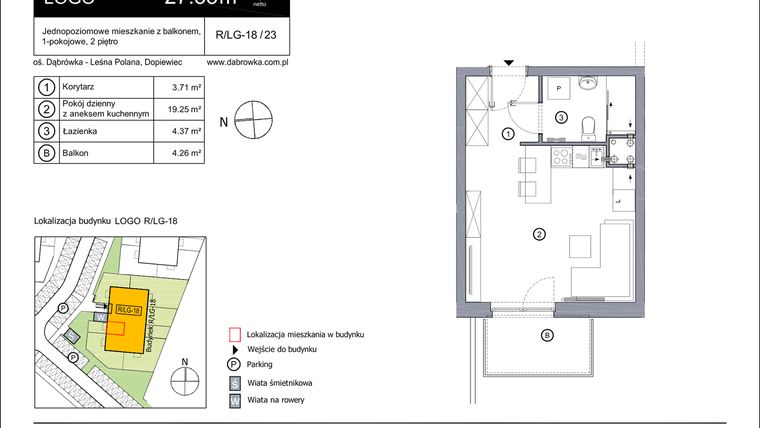 Rzut - Mieszkanie na sprzedaż 1 pokój o powierzchni 27,33 m² - numer R_LG-18_23 w os. Dąbrówka – Leśna Polana