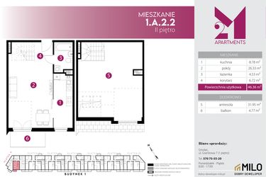 Rzut - Mieszkanie na sprzedaż 2 pokoje o powierzchni 78,31 m² - numer 1.A.2.2 w Maślice Wrocław Milo Dobry Deweloper etap IV