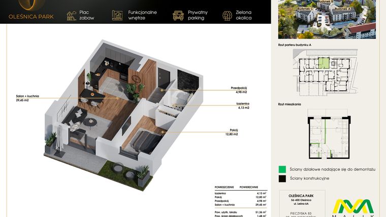 Rzut - Mieszkanie na sprzedaż 2 pokoje o powierzchni 52,84 m² - numer M1 w Oleśnica Park