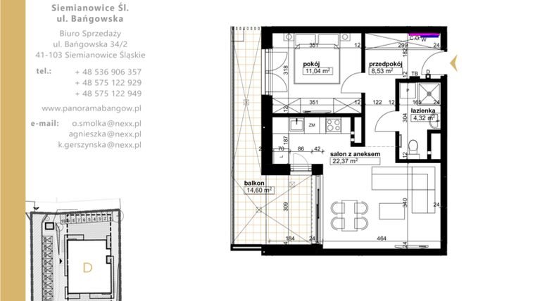 Rzut - Mieszkanie na sprzedaż 2 pokoje o powierzchni 46,26 m² - numer E.1.1 w Panorama Bańgów Etap II