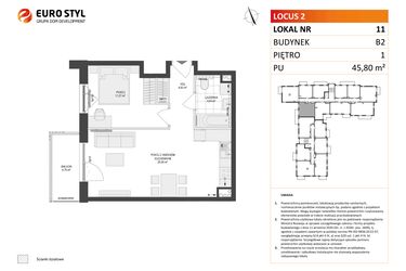 Rzut - Mieszkanie na sprzedaż 2 pokoje o powierzchni 45,8 m² - numer 11 w Locus 2 bud. B2