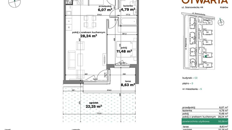 Rzut - Mieszkanie na sprzedaż 2 pokoje o powierzchni 50,58 m² - numer C2-5 w Forma Otwarta etap C