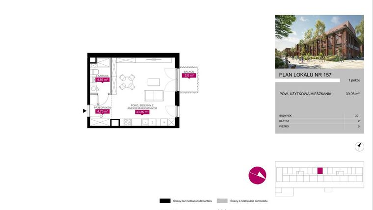 Rzut - Mieszkanie na sprzedaż 1 pokój o powierzchni 39,88 m² - numer 157 w Fuzja Mieszkania Loftowe