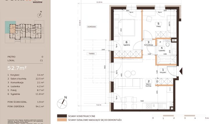 Rzut - Mieszkanie na sprzedaż 3 pokoje o powierzchni 52,7 m² - numer C1 w Domkove Widzew