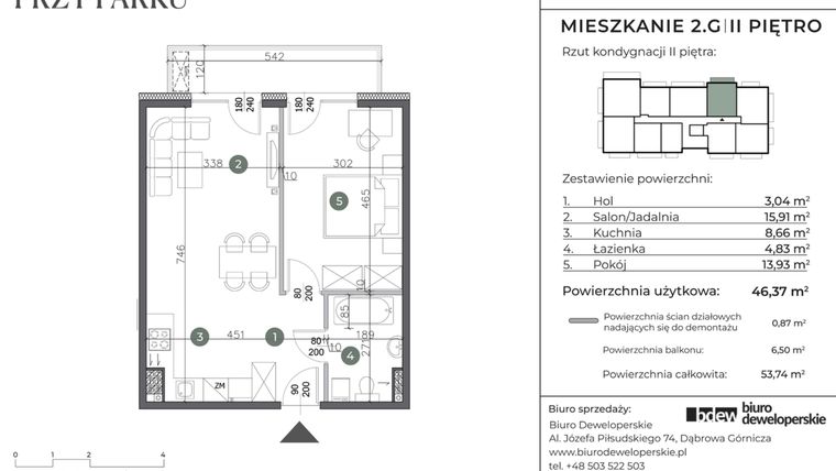 Rzut - Mieszkanie na sprzedaż 2 pokoje o powierzchni 46,37 m² - numer 2.G w Willa przy parku
