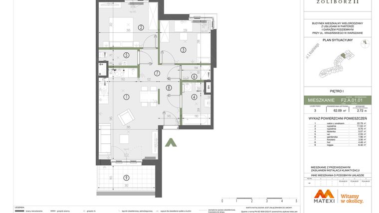 Rzut - Mieszkanie na sprzedaż 3 pokoje o powierzchni 62,09 m² - numer F2.A.01.01 w Sady Żoliborz II