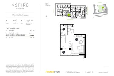 Rzut - Mieszkanie na sprzedaż 1 pokój o powierzchni 33,29 m² - numer B.16 w Aspire