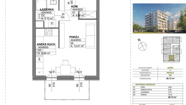 Rzut - Mieszkanie na sprzedaż 1 pokój o powierzchni 28,73 m² - numer A00_M35 w Wierzbowy Park