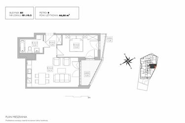 Rzut - Mieszkanie na sprzedaż 2 pokoje o powierzchni 46,88 m² - numer B1.10.2 w Alvarium 2.0