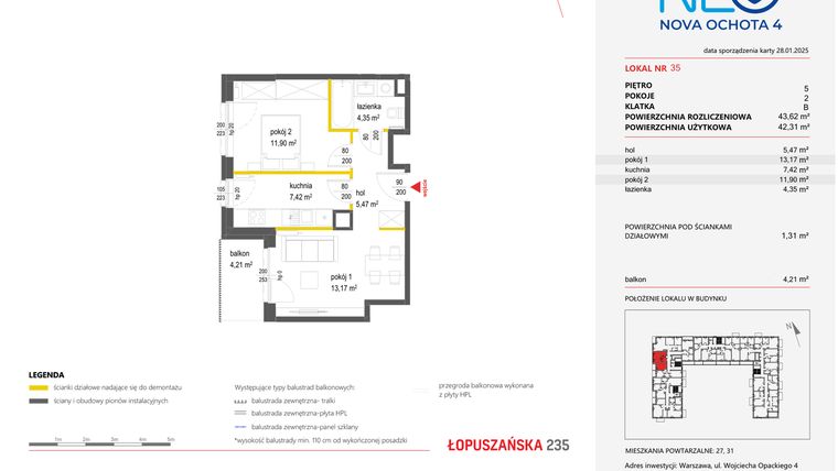 Rzut - Mieszkanie na sprzedaż 2 pokoje o powierzchni 43,62 m² - numer 35 w Neo Nova Ochota 4