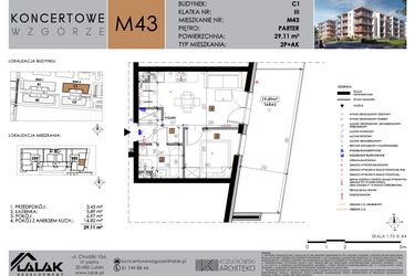 Rzut - Mieszkanie na sprzedaż 2 pokoje o powierzchni 29,11 m² - numer C1_M43 w Koncertowe Wzgórze etap II