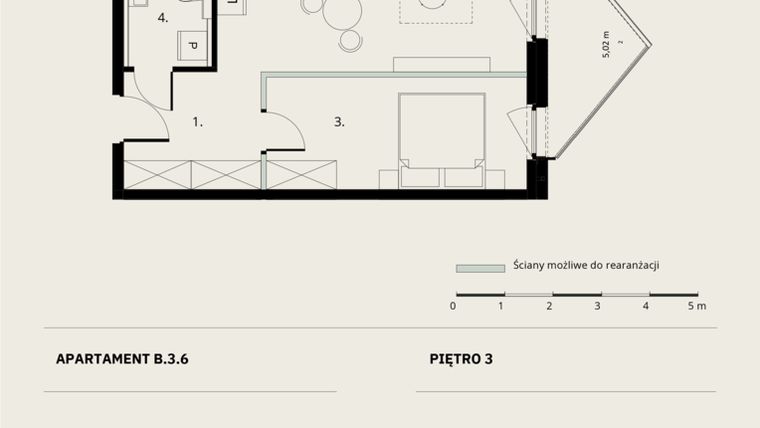 Rzut - Mieszkanie na sprzedaż 2 pokoje o powierzchni 45,26 m² - numer B/3/6 w Ogrodowa 12