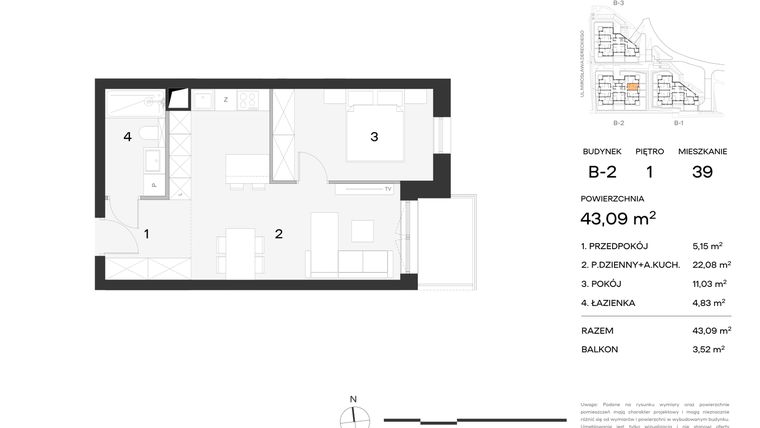 Rzut - Mieszkanie na sprzedaż 1 pokój o powierzchni 43,09 m² - numer 39 w Koncertowa Dolina