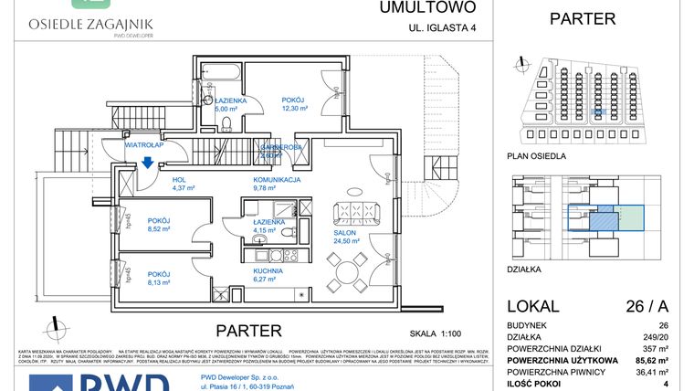 Rzut - Mieszkanie na sprzedaż 4 pokoje o powierzchni 85,62 m² - numer 26/A w Osiedle Zagajnik etap II - mieszkania