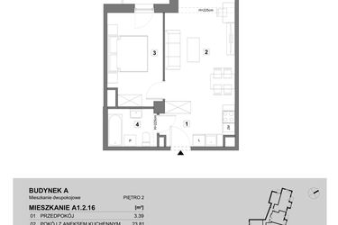 Rzut - Mieszkanie na sprzedaż 2 pokoje o powierzchni 43,93 m² - numer A1.2.16 w ATAL Grabiszyn