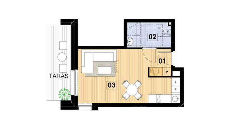 Rzut - Mieszkanie na sprzedaż 2 pokoje o powierzchni 29,44 m² - numer L6 w Green Park Resort III