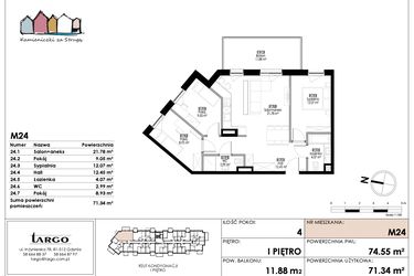Rzut - Mieszkanie na sprzedaż 4 pokoje o powierzchni 71,34 m² - numer M24 w Kamieniczki za Strugą